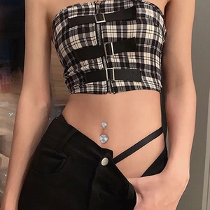 Double heart titanium steel navel ring with colorful cubic zirconia on belly button