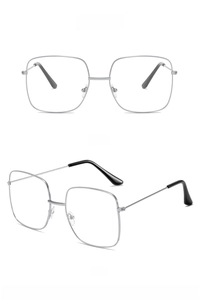 Front and 45-degree side view of oversized silver metal square frame glasses