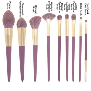 9-piece purple makeup brush set with matte pink handles and gold ferrules for full face