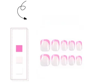 Detailed view of ten short round press on nails with pink French tip gradient design
