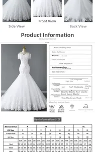Detailed size guide and specifications for white lace off-shoulder bridal wedding dress