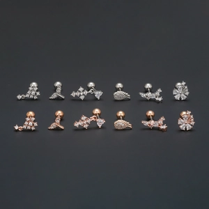 12-piece geometric ear cartilage stud set in silver and rose gold with zircon stones