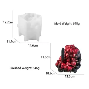Detailed white silicone mold and finished bloody skull stack resin craft with dimensions