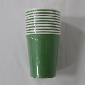 Stack of green disposable paper cups wrapped in protective clear plastic film