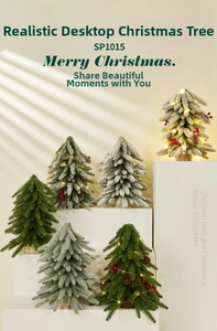 Close-up of artificial Noble Fir mini Christmas trees with pine cones and red berries