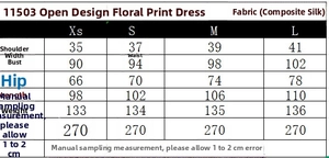 Tableau des tailles avec mesures de poitrine et taille pour robe maxi fleurie