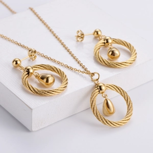 18K Gold Plated 316 Stainless Steel Necklace And Earrings Jewelry Set Twisted Woven Circle Water Drop Pendant Elegant