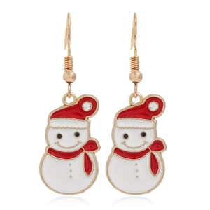 Detailed view of red and white enamel snowman earrings with gold hook and rhinestone detail