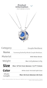 Detailed specs of S925 silver whale and butterfly couple necklaces with zircon