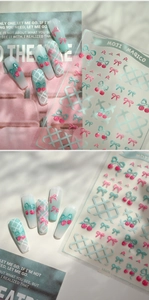 3D nail art stickers with cherry and bow designs in mint green and rose pink details