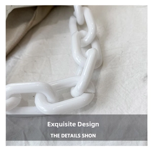 Close-up of stylish white acrylic chain strap detail on a beige fashion crossbody bag