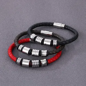 Men Braided Leather Bracelet Stainless Steel Beads Magnetic Clasp Fashion Jewelry Necklace Cowhide Accessory