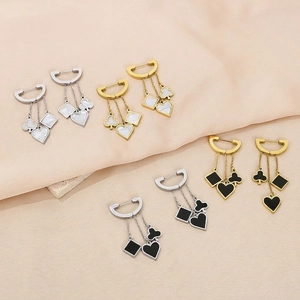 Playing Card Suit Dangle Earrings Stainless Steel Heart Club Diamond Tassel Shell Inlay Enamel Drop Jewelry For Women
