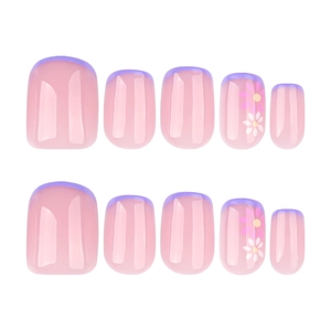 Pink and purple French tip press-on nails with floral patterns in a short square shape