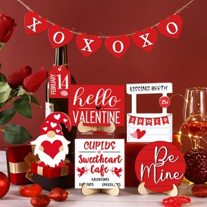 Valentine's Day tiered tray decor set featuring wood signs, gnomes, and festive banners