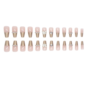 French retro butterfly press-on nails with 24 pieces nude pink and gold chrome tips
