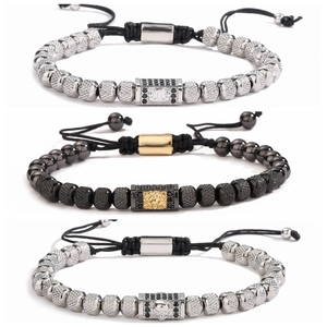 Retro skull and lion head beaded bracelets with adjustable woven cords in various colors