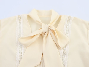 Detail of elegant lace patchwork and bow tie neckline on a lantern sleeve blouse