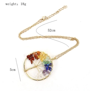 Detail of tree of life necklace featuring multi-color crystals and golden wire wrap