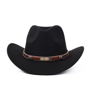 Détail d'un chapeau de cowboy en feutre noir avec ruban tressé et plume dorée élégante