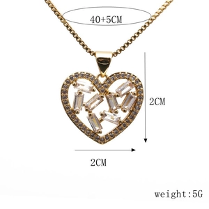Detail showing dimensions of the gold heart necklace with zircon stones and box chain