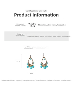 Detail view of ethnic teardrop earrings with dimensions 7.5cm by 2.6cm and 14.4g weight