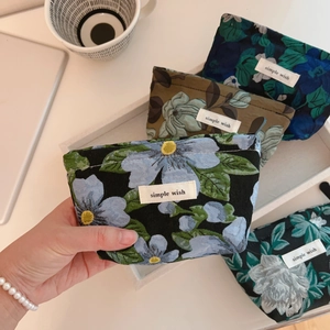 Mini floral jacquard coin purses in dark green and blue with zipper closure and labels