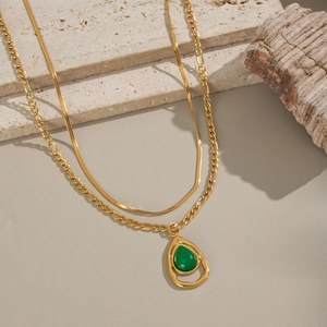 Double Layer Stainless Steel Necklace With Green Teardrop Gemstone Pendant Waterproof Hypoallergenic Vintage Elegant For Women