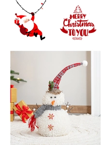 Detail of plush Christmas snowman with red plaid hat and knitted scarf decor