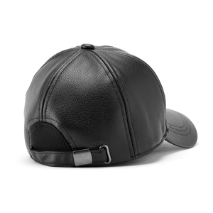 Classic black leather baseball cap with lychee texture and adjustable metal buckle back