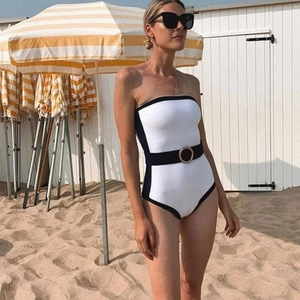Women One-Piece Swimsuit Bandeau Strapless Contrast Color Block With Belt Gold Buckle High Elastic Beachwear Vacation
