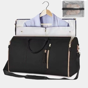 Multifunctional black PU leather travel garment bag with suit storage and shoulder strap