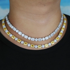 Hiphop style 8mm round and rectangular zircon necklace in silver and two-tone gold finish