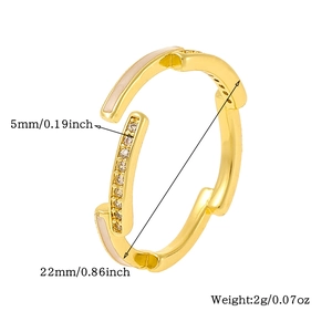 Detail view of 5mm wide gold adjustable ring with dimensions and 2g weight specs