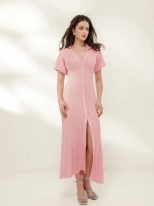 Pink knit polo collar maxi dress with button front and side slit for women