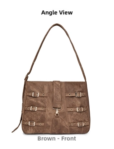 Close-up of brown vintage PU leather crossbody bag with metal buckles and spring hook detail