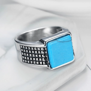 Vintage stainless steel square blue turquoise ring for men with side lattice patterns