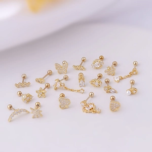 20G gold stainless steel stud earrings set with zircon, pearl, heart and star shapes