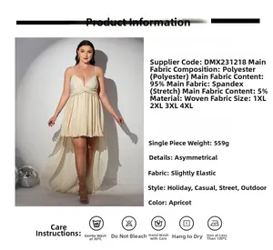 Size guide for apricot high-low evening dress showing detailed measurements and fabric info