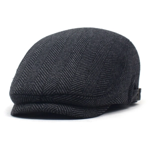 Men's thickened wool blend flat cap with dark grey herringbone pattern for winter