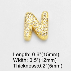 Detailed view of gold plated letter N charm with white cubic zirconia and dimensions