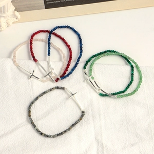 Faceted Beaded Bracelet Natural Stone Artificial Crystal Copper Silver Plated Curved Cross Religious Prayer For Women