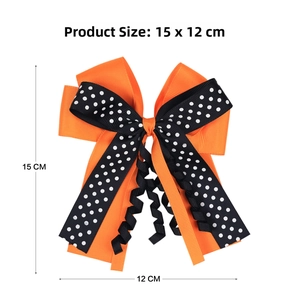 Size chart for orange and black polka dot Halloween bow hair clip with long ribbons