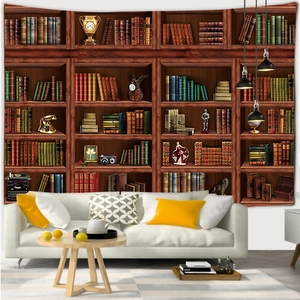 Detail of vintage library bookshelf tapestry hanging above a modern sofa and living room