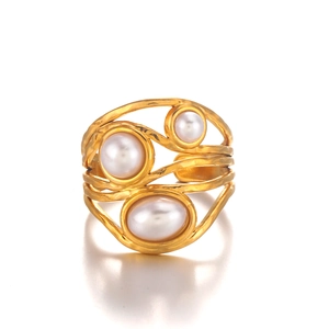 Chic 18K gold plated stainless steel ring with uneven texture and pearl inlays