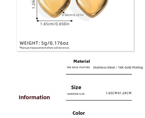 Detailed dimensions of 18K gold plated heart earrings in stainless steel with weight info