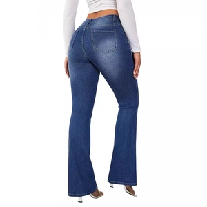 High-waisted stretch flare jeans for women in dark blue denim featuring a slimming fit