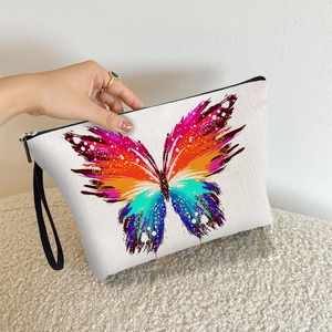Butterfly Print Makeup Bag Fine Linen Portable Cosmetic Pouch With Zipper And Wrist Strap For Women Travel Storage