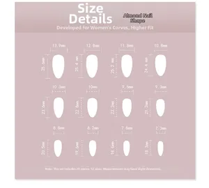 Size chart for almond-shaped press-on nails showing 12 sizes from 7.3mm to 13.9mm wide