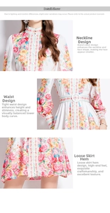 Detail of vintage floral maxi dress showing stand collar, belted waist and flowy hemline